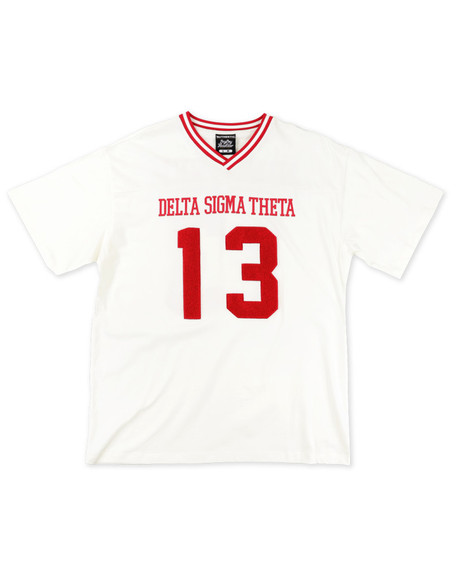 Delta Sigma Theta Sorority Oversized V-Neck Football Jersey Tee-Ivory-Front