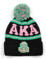 Alpha Kappa Alpha Sorority Pom Beanie- Crest- Black/Pink-Front