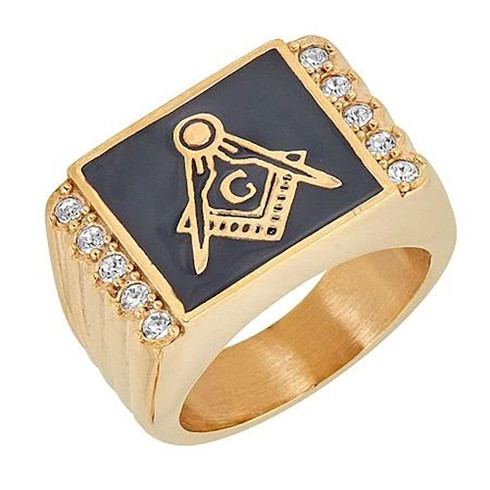 Mason Masonic Stainless Steel Ring with Small CZ Stones-Gold 