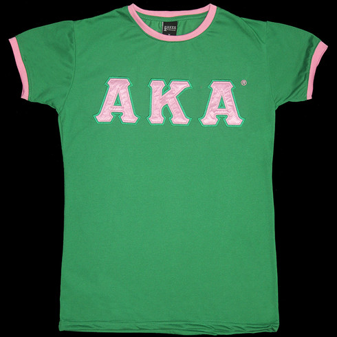 Alpha Kappa Alpha AKA Sorority Ringer T-shirt- Satin Letters-Green