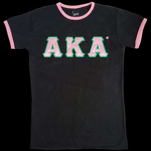 Alpha Kappa Alpha AKA Sorority Ringer T-shirt- Satin Letters-Black