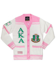Alpha Kappa Alpha Sorority Button Down Sweater-White/Pink             