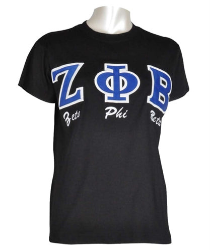 Zeta Phi Beta Sorority Stitched Letter T-Shirt- Black