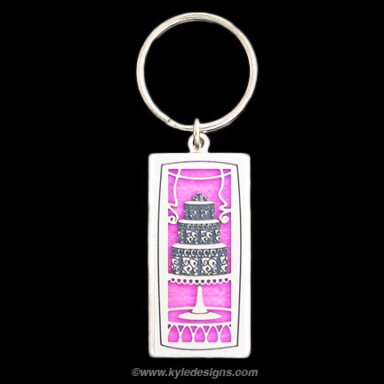 Cake Keychain - Hot Pink Iridescent with Silver Design
