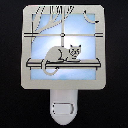 Brushed Silver and Light Blue Night Light - Cat