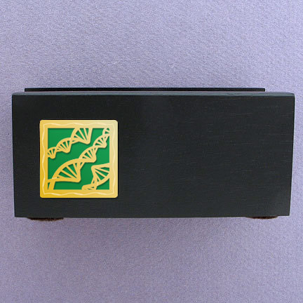 DNA Wood Business Card Stand - Green Aluminum with Gold Design
