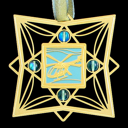 Helicopter Christmas Ornament - Aquamarine Aluminum with Gold Design