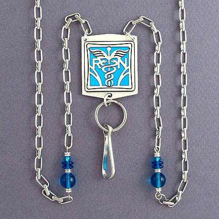 Nursing Beaded Lanyard Necklace - Turquoise Aluminum with Silver Design