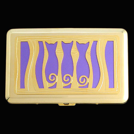 Three Cats Credit Card Case - Orchid Aluminum with Gold Design