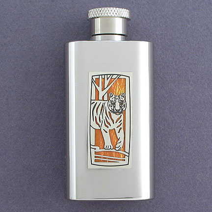 Tiger Boot Flask - Amber Iridescent with Silver Design