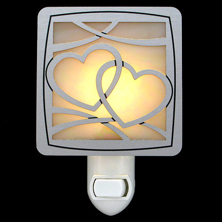 Brushed Silver and Amber Night Light - Interlocked Hearts