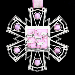 Pink flamingo ornament in silver metal with pink