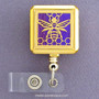 Bee square retractable badge holders with iridescent purple.