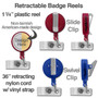 Asian hand fan retractable id badge holder has slide or swivel clip.