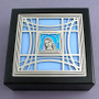 Virgin Mary keepsake box in silver with aqua and light blue glass.