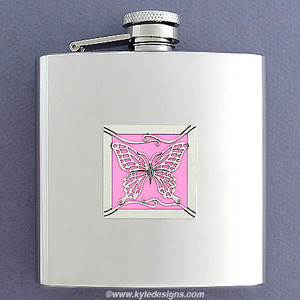 Pink Butterfly Stainless Steel Liquor Flask 6 Oz. Polished