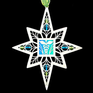 Doctor Christmas Ornaments in silver with aqua with peridot glass beads