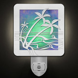 Tropical Island Paradise Night Light - Brushed Silver, Green Stained Glass