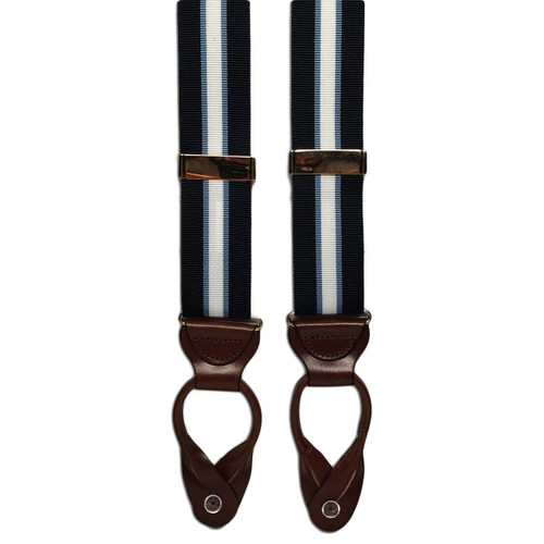 Chipp grosgrain suspenders are 1 1/2" wide and hand-cut to order in our New York City atelier. Accented with brown or black leather kips, the suspenders ship with silver or gold adjusters and button or clip attachments. A timeless classic.