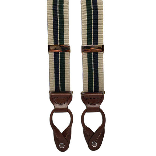 Chipp grosgrain suspenders are 1 1/2" wide and hand-cut to order in our New York City atelier. Accented with brown or black leather kips, the suspenders ship with silver or gold adjusters and button or clip attachments. A timeless classic.