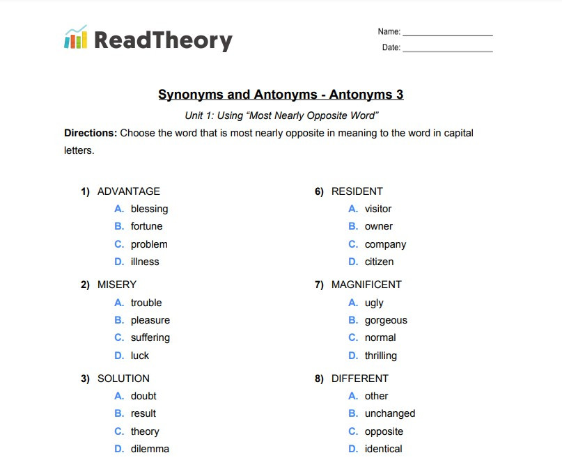Synonyms and Antonyms - Antonyms - Grade 3 - Exercise 3 - Read Theory  Workbooks