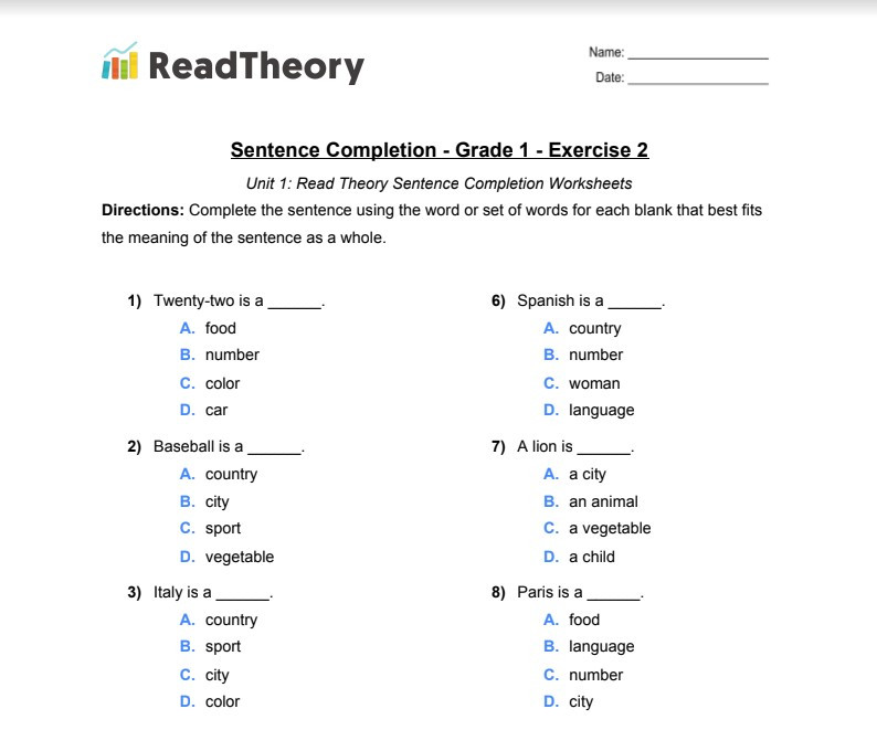 Sentence Completion General Grade 1 Exercise 2 Read Theory Workbooks