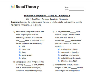 Sentence Completion - General - Grade 10 - Exercise 3 - Read Theory  Workbooks