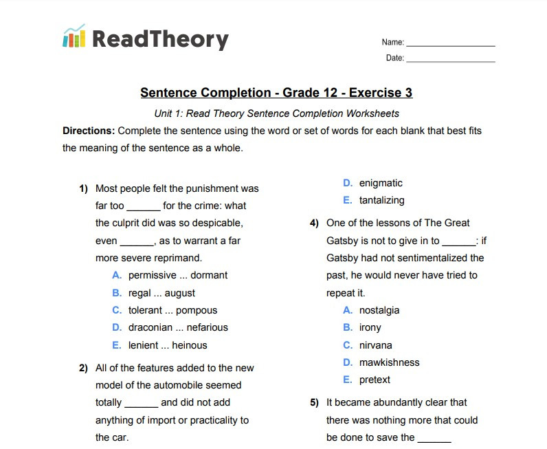 Sentence Completion - General - Grade 12 - Exercise 3 - Read Theory  Workbooks