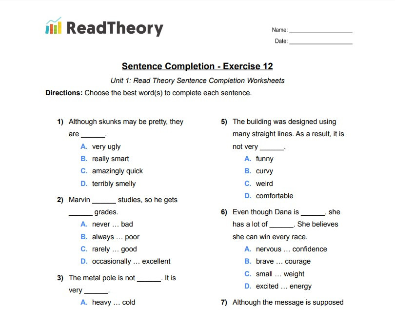 Sentence Completion - Low Intermediate Level - Exercise 12 - Read ...