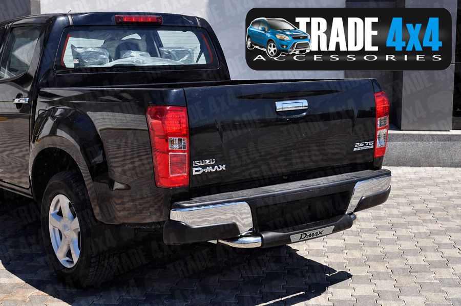 Our Isuzu D-Max Rear Step Bar, Bumper protection bars are a great DMax Styling Accessory made from chrome look hand polished Stainless Steel tube. Buy online at Trade 4x4 Accessories