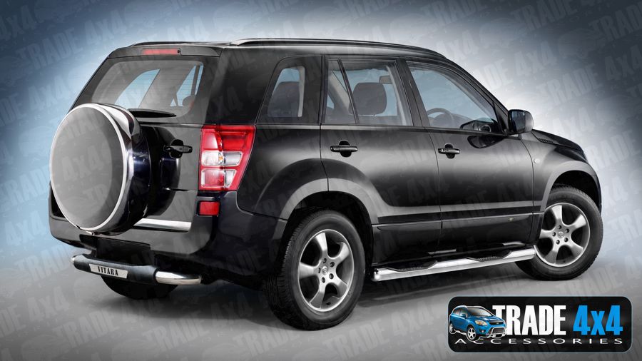 Our Suzuki Grand Vitara Rear Step Bar, Bumper protection bars are a great Vitara Styling Accessory made from chrome look hand polished Stainless Steel tube. Buy online at Trade 4x4 Accessories