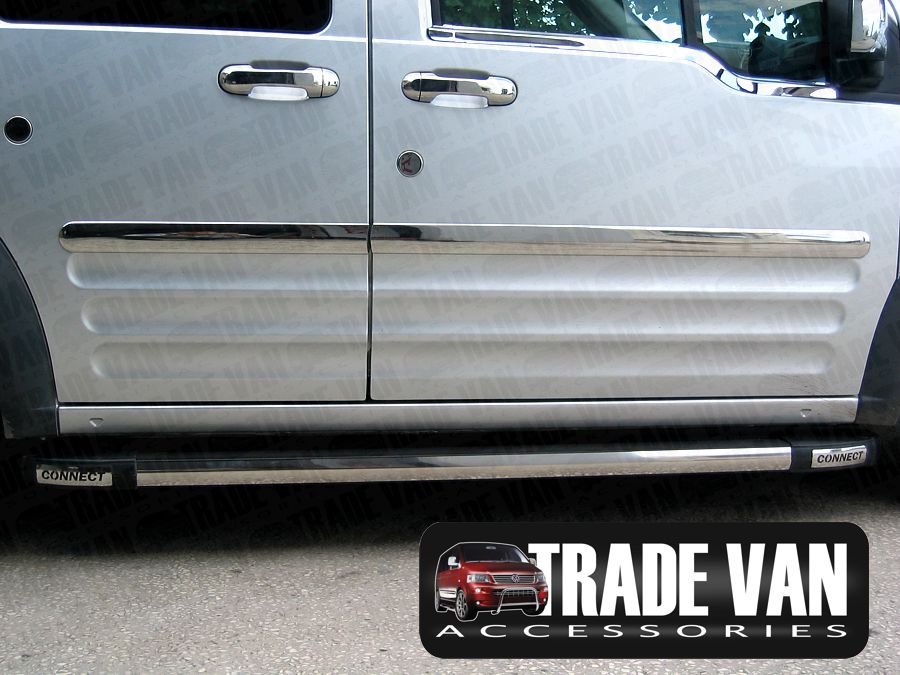 Our Ford Connect Side Door Moulding Covers in Polished Stainless Steel really enhance your 2002-09 Ford Connect, These polished stainless steel side streamer covers will fit all SWB 2002-09 on models including Torneo Connect MPV. Buy online at Trade Van Accessories.