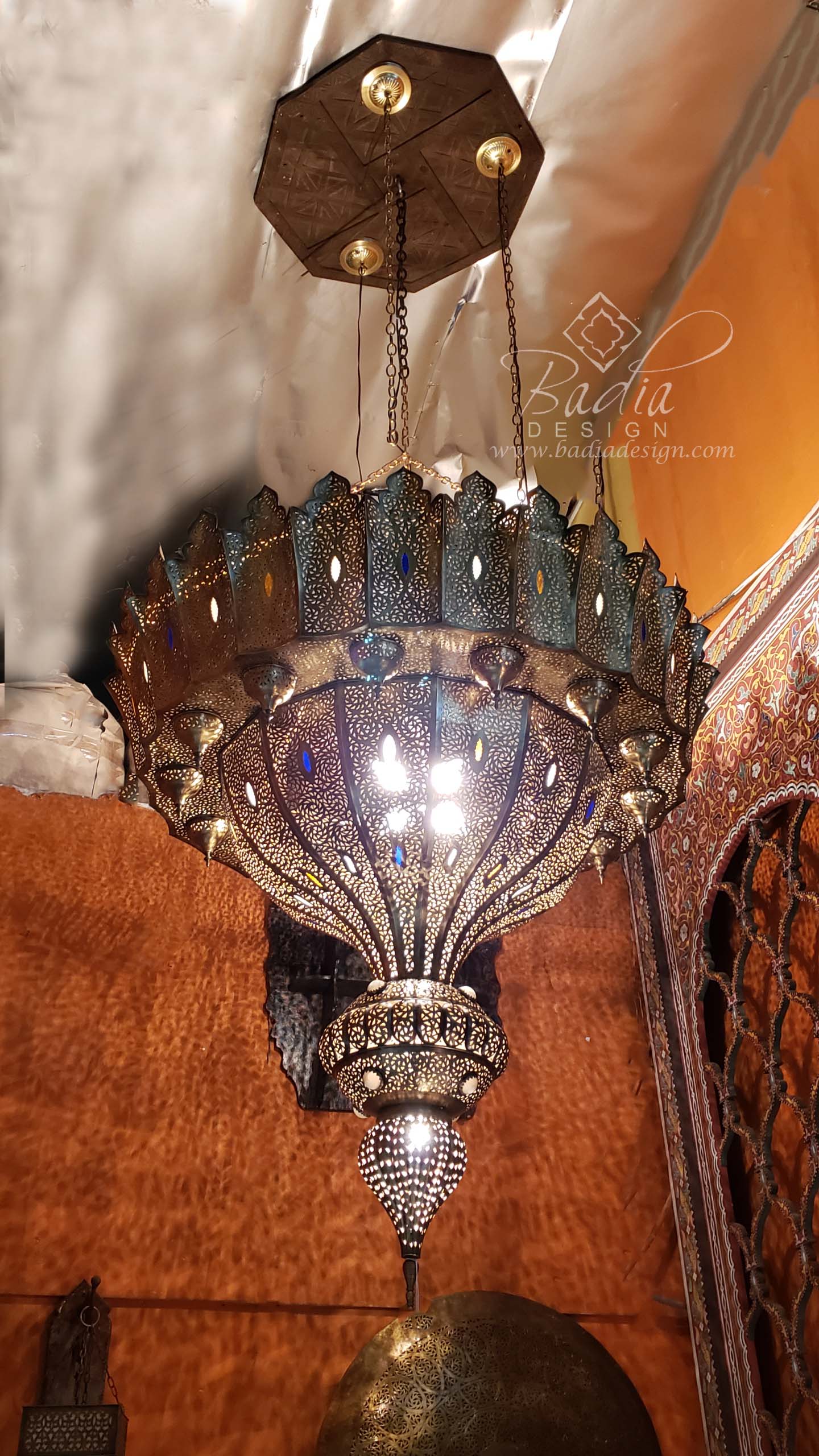 Extra Large High Ceiling Moroccan Brass Chandelier with Multi Color