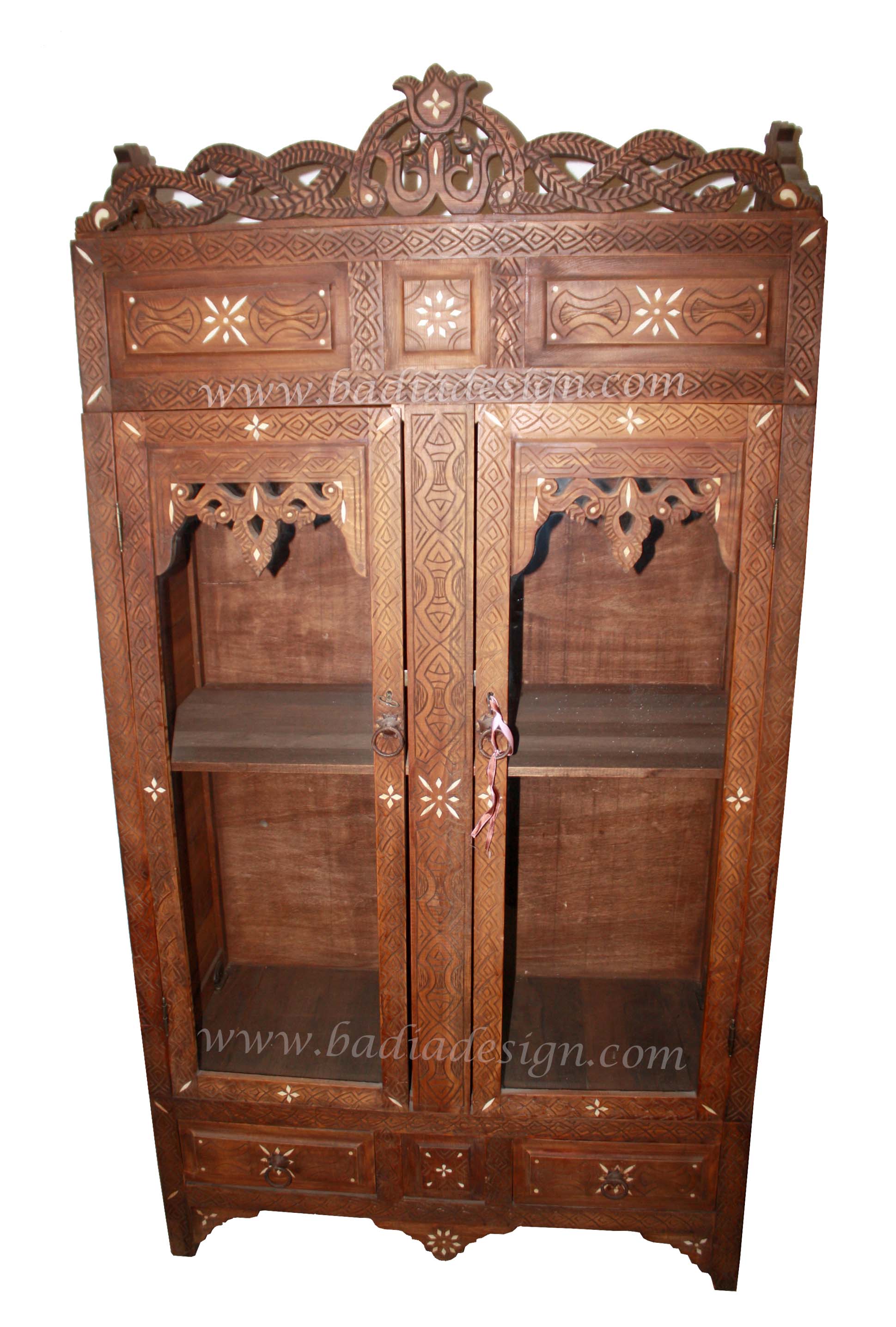 Moroccan Carved Wood Bone Inlay Armoire