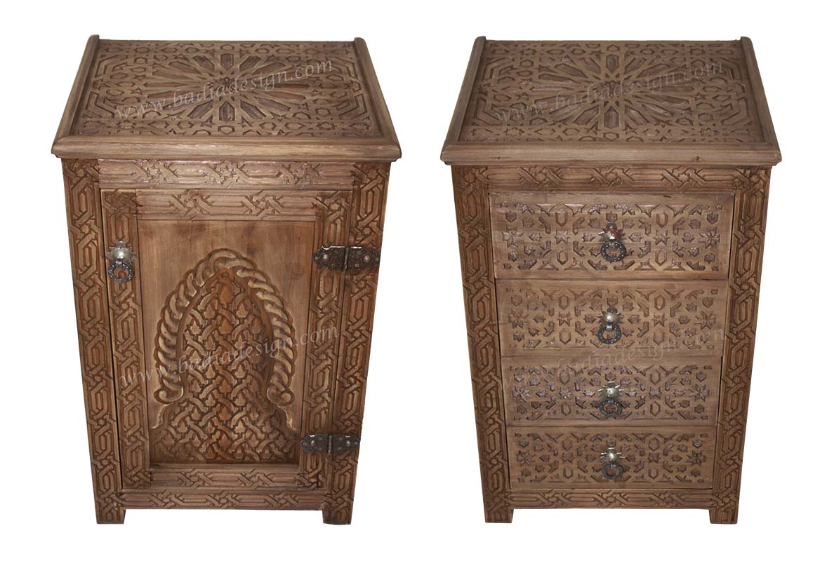 Moroccan Hand Carved Wood Nightstand from Badia Design Inc.