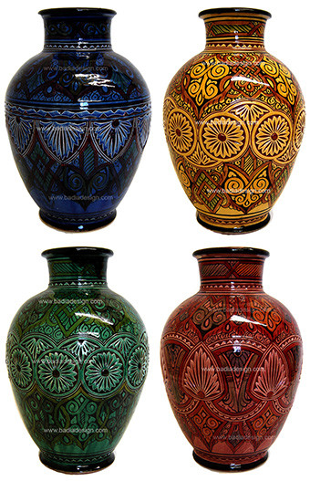 Yellow Decorative Vase Hand Painted Ceramic Red Brown Silver 20cm Height