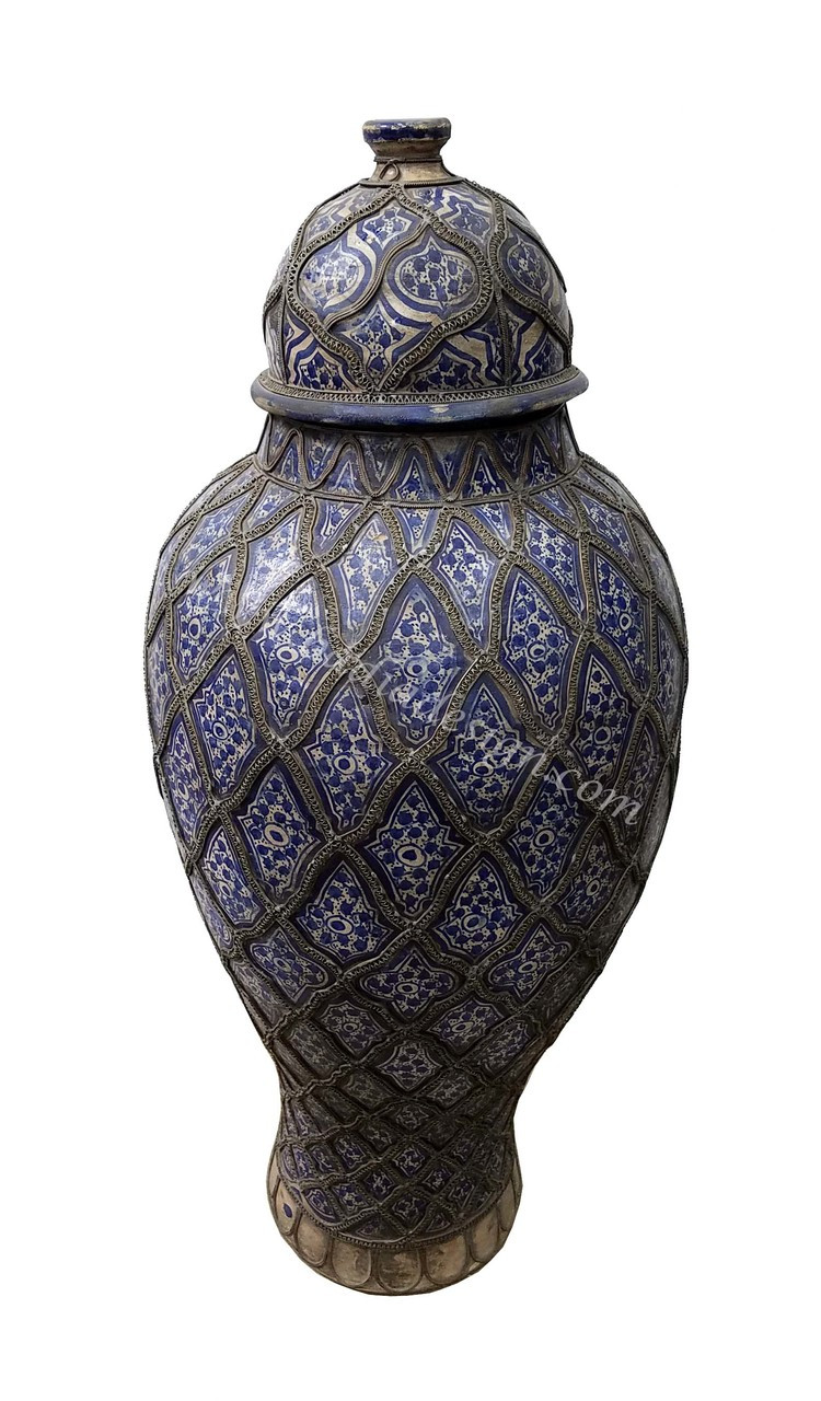 Moroccan Hand Painted Blue and White Ceramic Urn with Metal Decor from Badia Design Inc