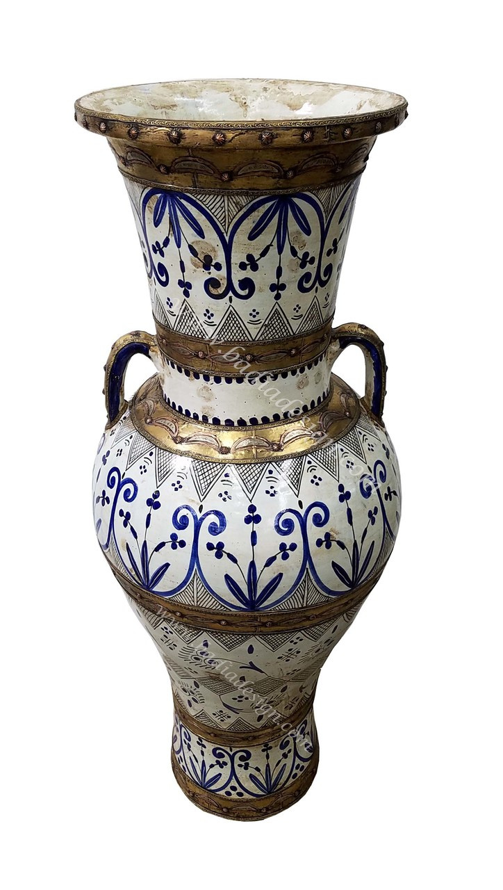 Moroccan Hand Painted Blue and White Ceramic Urn with Metal Decor from Badia Design Inc