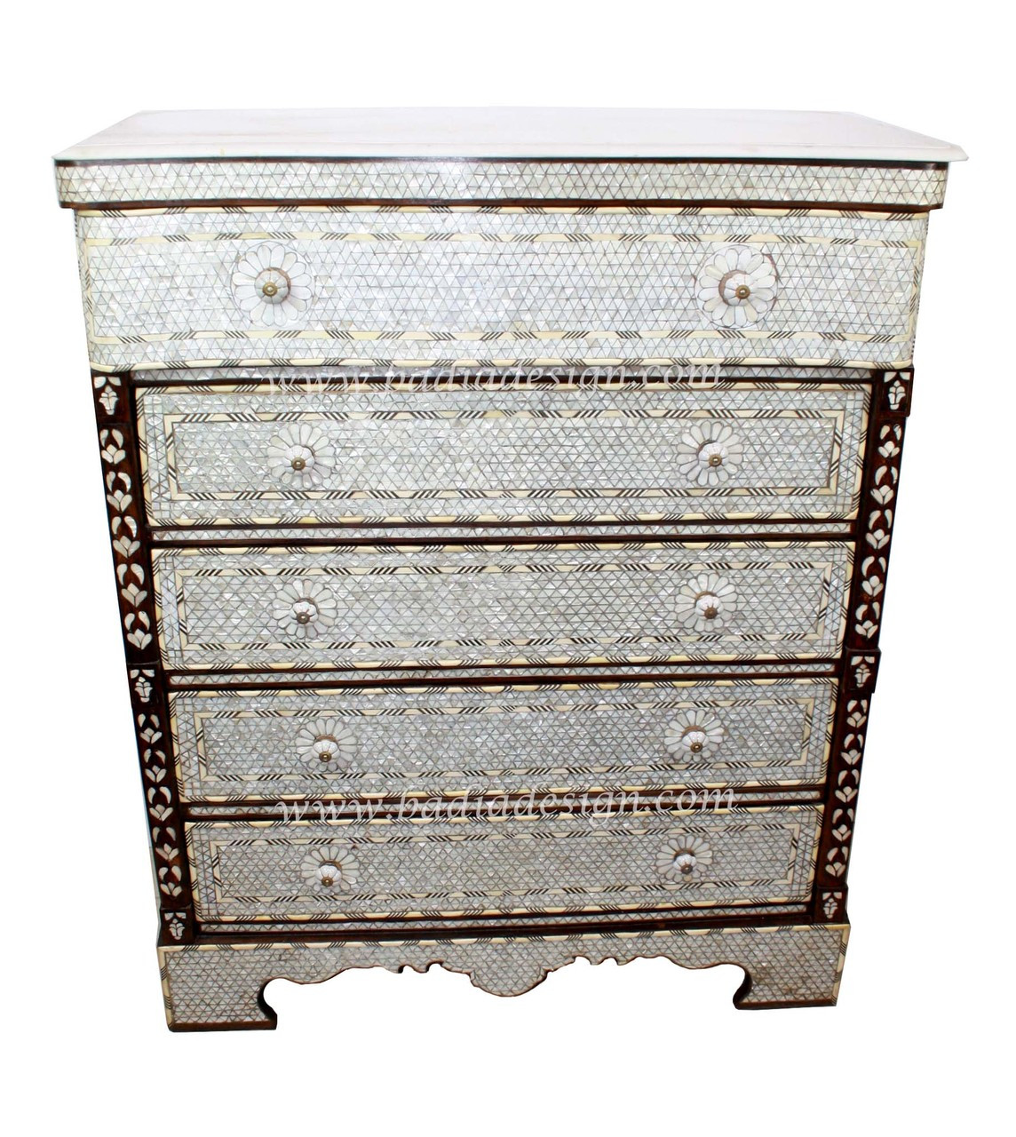 Tall Mother Of Pearl Dresser With White Marble Top From Badia