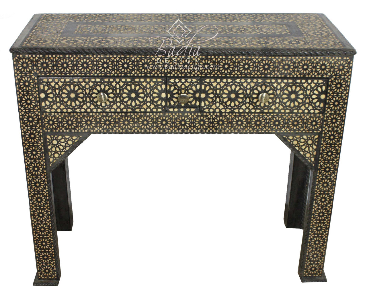 Moroccan Wooden Camel Bone Inlay Rectangular Shaped Vanity And Mirror From Badia Design Inc