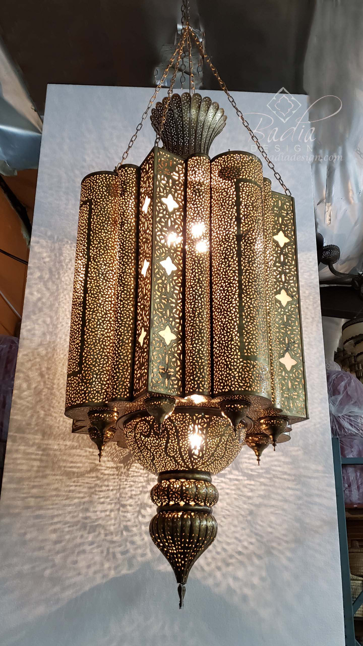 Extra Large Moroccan Brass Chandelier with White Glass Eyelets from
