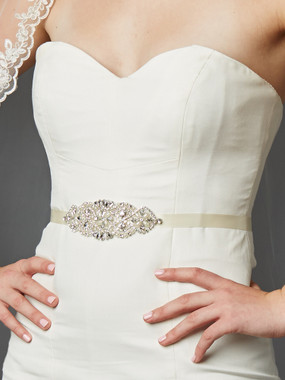 Mariell Bridals Crystal and Pearl Vintage Applique Bridal Sash 4460SH-I-S or Side Headband