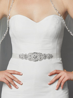 Mariell Bridals 4461SH-W-S White Crystal and Pearl Crystal and Pearl Applique Bridal Sash or Belt