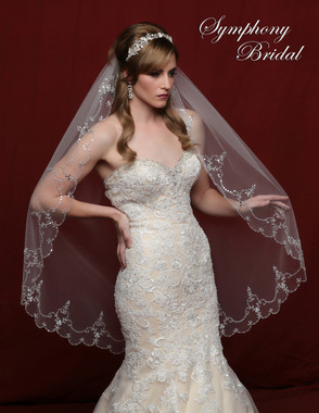 Symphony Bridal Wedding Veil - 6802VL - Scalloped Edge Heavy Beaded Edge Marquis Stones