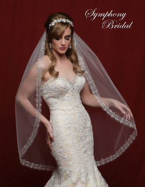 Symphony Bridal Wedding Veil - 6802VL - Double Row Flower Scalloped Silver Embroidery Beaded Edge