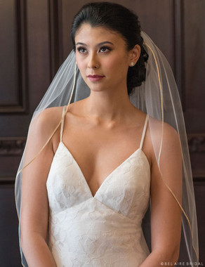 Bel Aire Bridal Veils V7372 - 1-tier elbow veil with 1/8" metallic ribbon edge