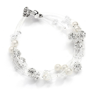 Mariells Sarah's Special 2-Row Floating Pearl, Crystal and Rhinestone Fireball Illusion Bridal Bracelet 4265B-2-I-CR-S