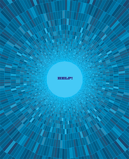 image of blue tiles in a circular pattern with the word HELP in the middle