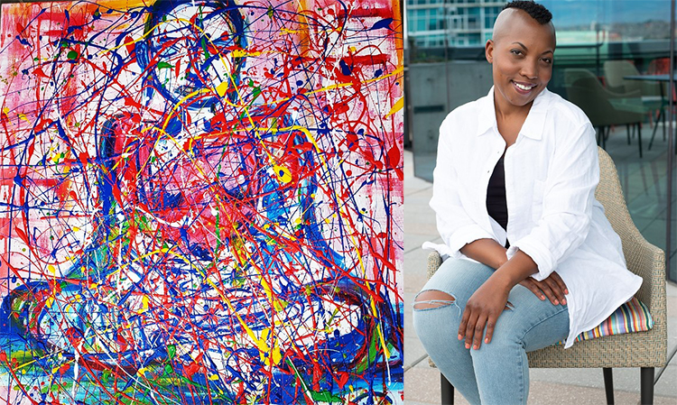 image of Quana, seated, with one of her expressionist paintings to introduce Live Painting with Quana Madison, Denver store, Tuesday, July 9, 2020, 11am-2pm, just stop by