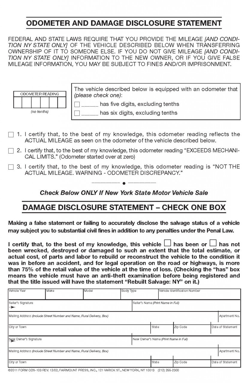 Odometer disclosure on sale statement ny